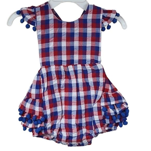 NWT Baby Girl 3M Red White Blue Plaid Pom Ruffle Bubble Romper Outfit 1pc - Picture 1 of 10